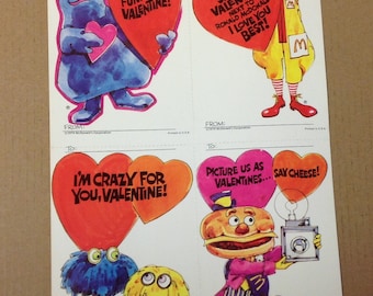 1970&#39;s McDonald&#39;s Valentine cards 1974 characters sheet of 4 uncut perforated Ronald Grimace Mayor McCheese Fry Kids vintage Valentines Day
