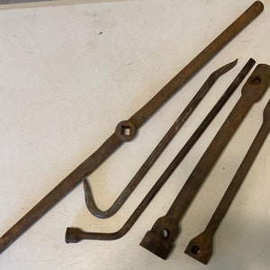 Antique crowbar lug wrench bar hex prying tire lot Farm Tools vintage USA Steampunk Industrial steel iron tractor truck trailer auto lot 5