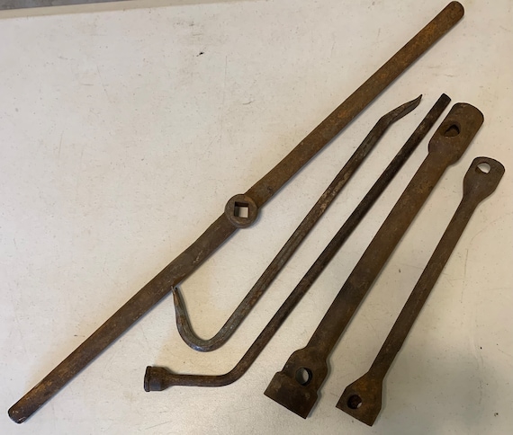 Antique Crowbar Lug Wrench Bar Hex Prying Tire Lot Farm Tools