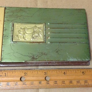 Desk top note pad Holder Nautical Mid Century 1950's tall ship green gold tone vintage office boat flip top metal binder rare phone table image 9