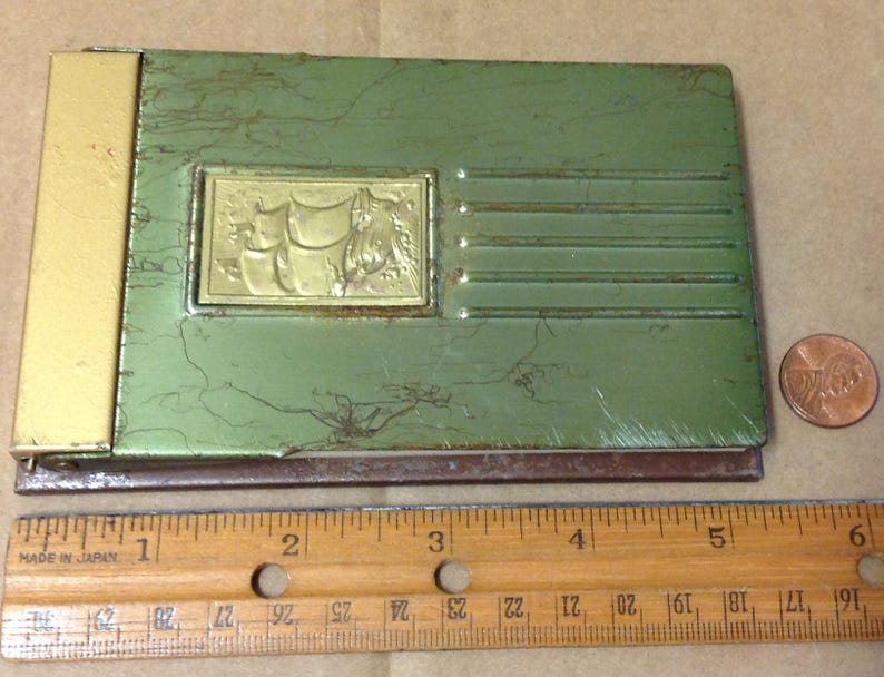 Desk top note pad Holder Nautical Mid Century 1950's tall ship green gold tone vintage office boat flip top metal binder rare phone table image 9