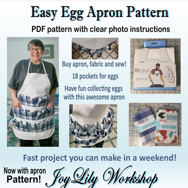 Easy Egg Collecting Apron for farmers. Fast to sew in a weekend. Includes pattern pieces 4 apron.  Cute apron for crafts or gardening.