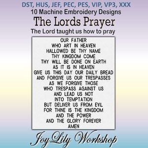Pode incluir: Um fundo branco com texto preto que diz "The Lord's Prayer" e o texto da oração do Senhor. Abaixo do texto está a frase "Joy Lily Workshop".