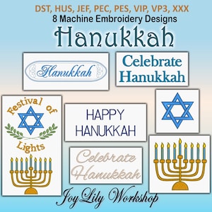 Hanukkah!  Beautiful Jewish machine embroidery designs to celebrate the Festival of Lights. Star of David.  8 file formats included.