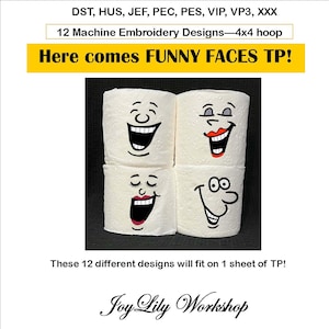 Hier komen FUNNY FACES TP! Machinaal borduren. 12 grappige gezichten. Toiletpapierontwerpen. Pes, pec, dst, vp3.