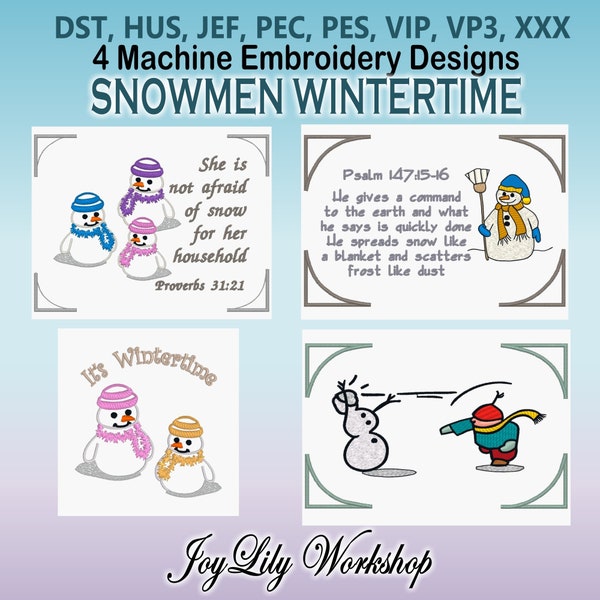 Cute Snowmen Wintertime embroidery designs. 5x7 hoop. Prov 31, Psalm 147. Pec, pes, dst.