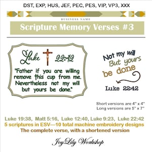 Scripture Memory Verses set No3. Five more Machine embroidery designs. Beautiful fonts with small icons. Cross, Lion, crown, donkey.