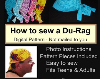 Cómo coser un Du-Rag, instrucciones en PDF con fotografías a color e incluye piezas de patrón. Fácil de hacer.