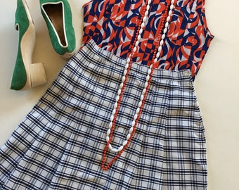 60s Plaid Mod Skirt -Nautical Blue and White A Line Skirt- Vintage Golf Tennis