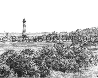 FOLLY- Stippled Pen and Ink Art Print, Charleston, S.C. Historical Morris Island Lighthouse and Folly Island Low Country Maritime Forest