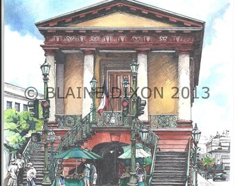THE MARKET- Pen and Ink and Watercolor Art Print of Charleston S.C.&#39;s historical Market.
