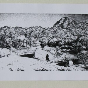 HAAR FADING LIGHT - gestippelde pen en inkt Art Print, Coachilla Valley, Californië, Desert Cove