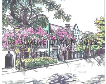 RAINBOW ROW- Pen and Ink and Watercolor Art Print, Charleston, S.C. Historical Rainbow Row