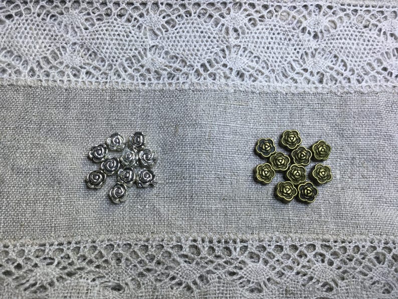 8 Pcs Rose Flower Metal Beads Antique BronzeSilverMix Color
