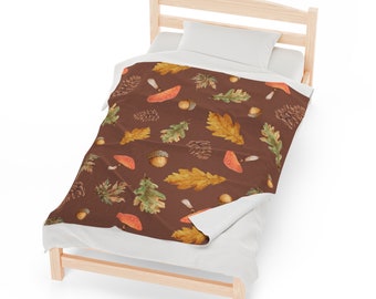 Autumn Forest Floor Velveteen Plush Blanket - 50" x 60" Fall Leaves Cottagecore Blanket - Fall Decor - Mushroom Acorn Leaf Blanket