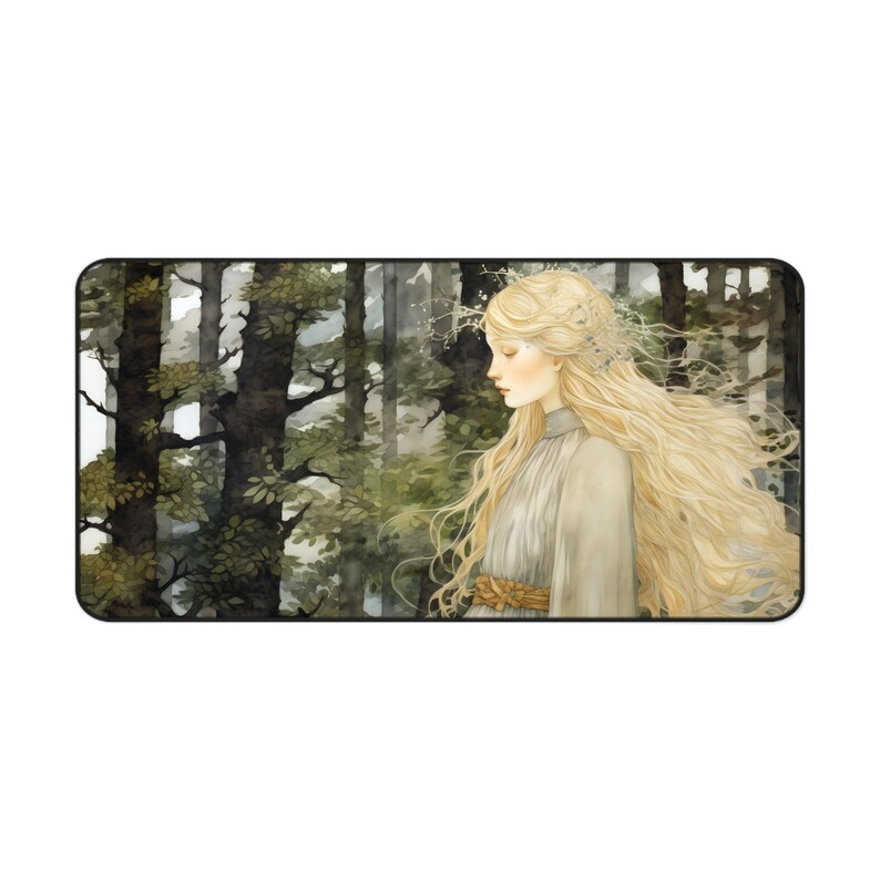 Elven Princess Desk Mat Forest Fairy Illustration Inspired by John Bauer's Art Nordic Fantasy Desk Mat Nordic Maiden Woodland Fairy image 1