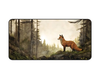 Nordic Fox Desk Mat - Forest Fox Illustration Inspired by John Bauer's Art - Nordic Fantasy Desk Mat - Red Fox Cottagecore Aesthetic