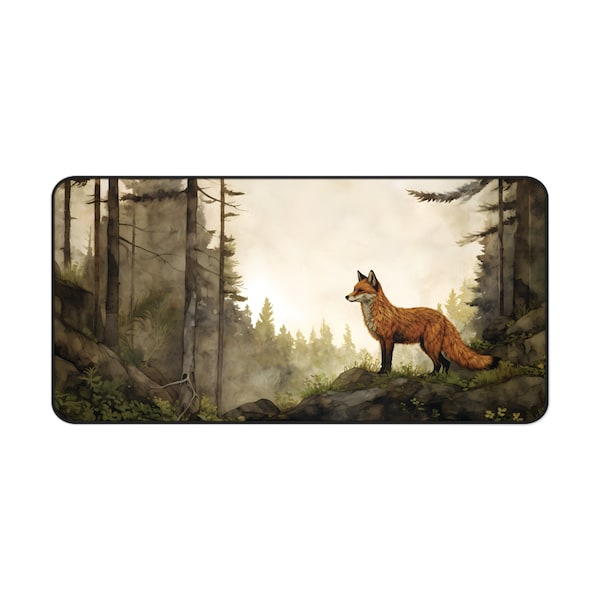 Nordic Fox Desk Mat - Forest Fox Illustration Inspired by John Bauer's Art - Nordic Fantasy Desk Mat - Red Fox Cottagecore Aesthetic