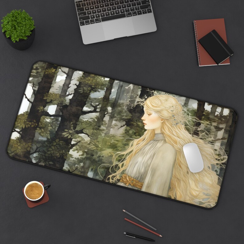 Elven Princess Desk Mat Forest Fairy Illustration Inspired by John Bauer's Art Nordic Fantasy Desk Mat Nordic Maiden Woodland Fairy image 5