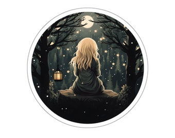 The Forest Fairy Vinyl Sticker - Whimsical Girl Under the Stars - Magical Fairy Forest - Fairy Lights and Lantern -  Kiss Cut Decal