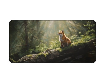 Fox Sunbeam Forest Desk Mat - Whimsical Enchanting Forest - Cozy Fox - Nature-Inspired Office Decor - Red Fox Desk Mat - Forest Fairy Mat