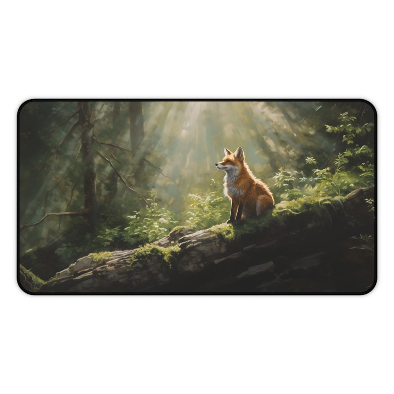 Fox Sunbeam Forest Desk Mat Whimsical Enchanting Forest Cozy Fox Nature-Inspired Office Decor Red Fox Desk Mat Forest Fairy Mat image 5