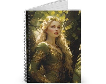 Elven Princess Spiral Notebook - Forest Fairy Notebook - Oak Tree Forest Journal - Green and Gold Celtic Fairy Journal - Ruled Line