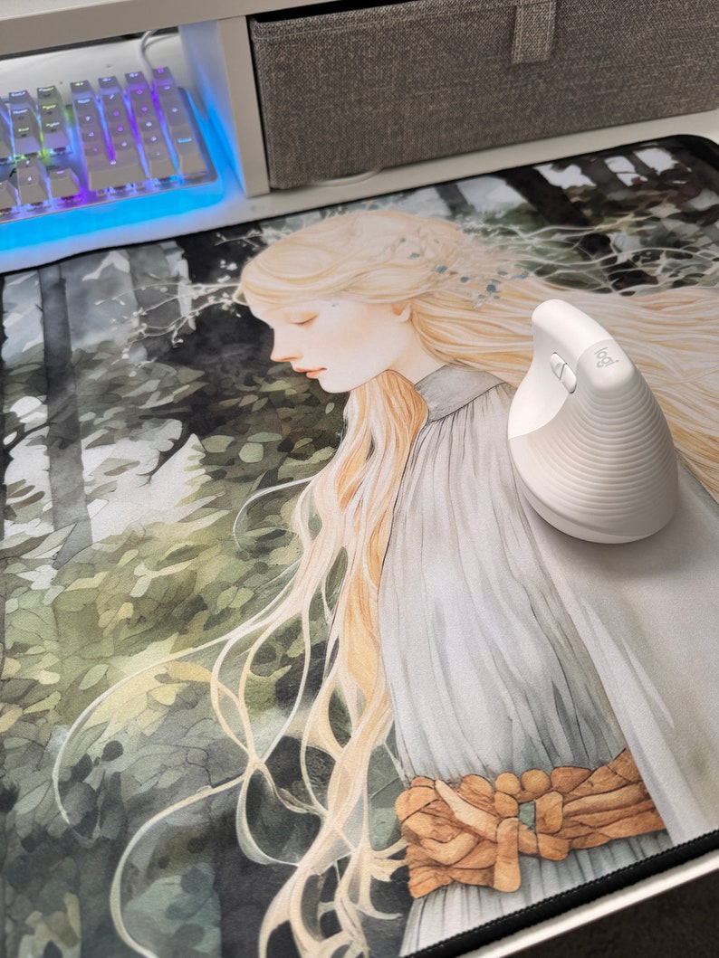 Elven Princess Desk Mat Forest Fairy Illustration Inspired by John Bauer's Art Nordic Fantasy Desk Mat Nordic Maiden Woodland Fairy image 3