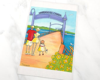 White Rock - Family On The Pier - Tea Towel - High Quality Cotton Linen Blend Made in Canada from my Original Painting