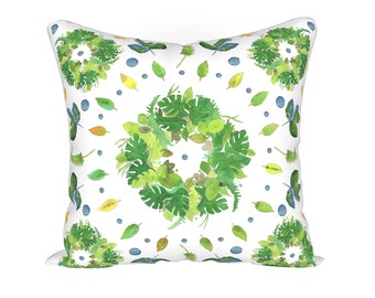 Leaves and Berries Pattern - Throw Pillow Cover 18" x 18"  - Available in Cotton or Velveteen Fabric - Washable with Zipper