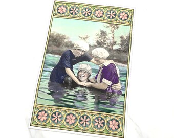 Girls Swimming in Vintage Bathing Suits - Tea Towel - High Quality Cotton Linen Blend Made in Canada from a Hand Coloured Old Photo