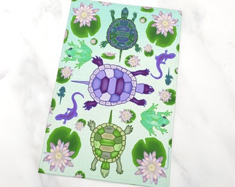 Turtles and Salamanders Art Print - Tea Towel - High Quality Cotton Linen Blend Made in Canada from my Original Artwork