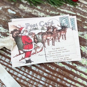 Etiquetas de presente de Natal vintage Papai Noel com trenó de rena Cartão postal Decoração de fazenda Cartão Embrulho de presente francês Shabby Enfeite de árvore de Natal