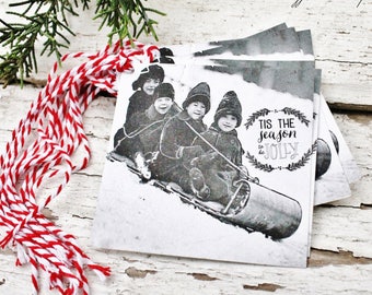 Christmas Gift Tags Vintage Tis The Season To Be Jolly Card Retro Kids Sledding Sled Snow Farmhouse Decor Gift Wrap Fixer Upper Style