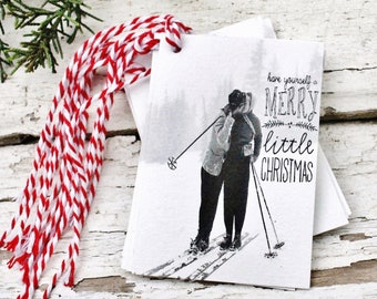 Christmas Gift Tags Vintage Have Yourself A Merry Little Christmas  Retro Couple Skiing Snow Farmhouse Decor Gift Wrap Fixer Upper Style