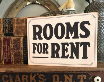 ROOMS FOR RENT Wood Sign Vintage Antique Farmhouse Decor Wall Art Print Fixer Upper Flea Market Decor Black Aged Cream Sign