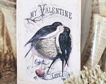 VALENTINE Vintage Wood Sign Farmhouse Decor Love Birds  Book Page Wall Art Print Farmhouse Decor