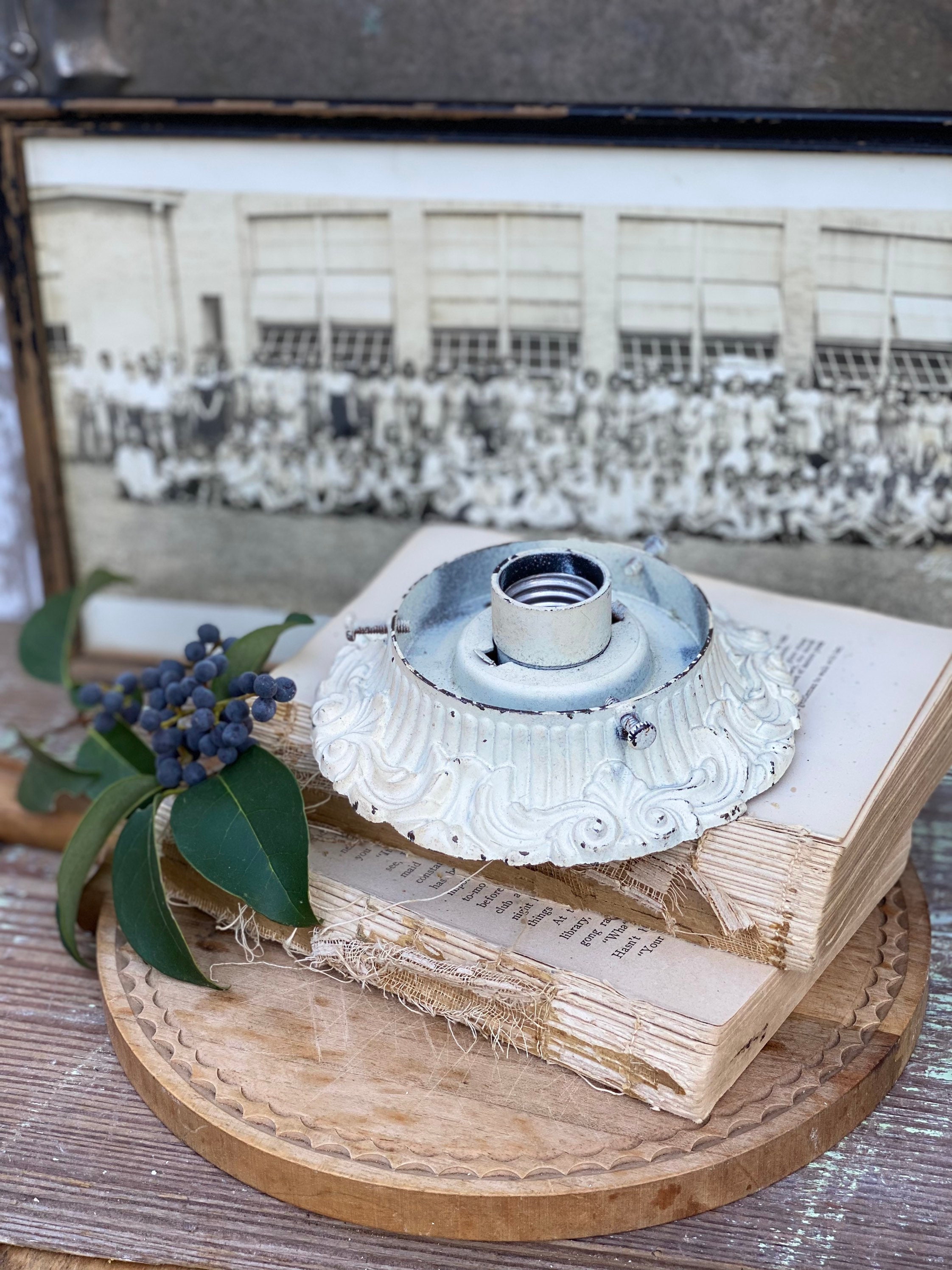 Antique Chippy WHITE Metal Ornate Lamp Base Pedestal Architectural