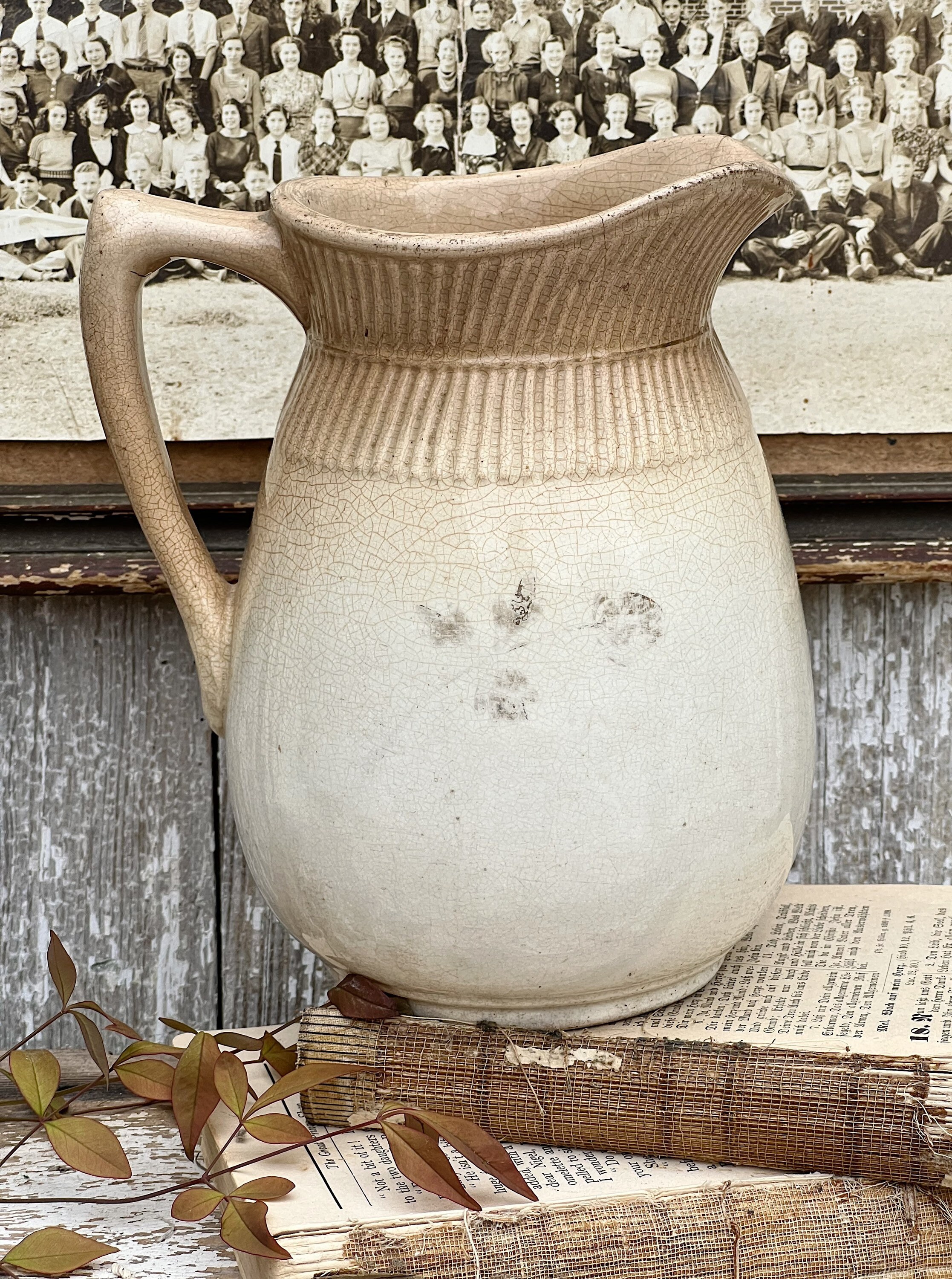 Antique White Ironstone Pitcher Milk Jug Farmhouse Decor OPERATIVE POTTERY Warranted Grungy