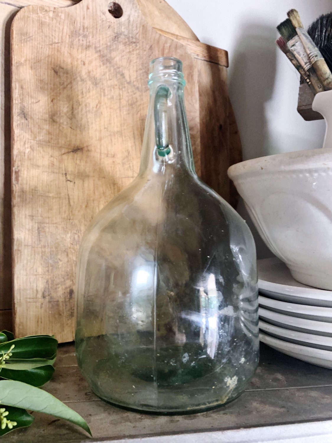 Antique Glass Demi John Bottle GREEN Farmhouse DECOR Jug