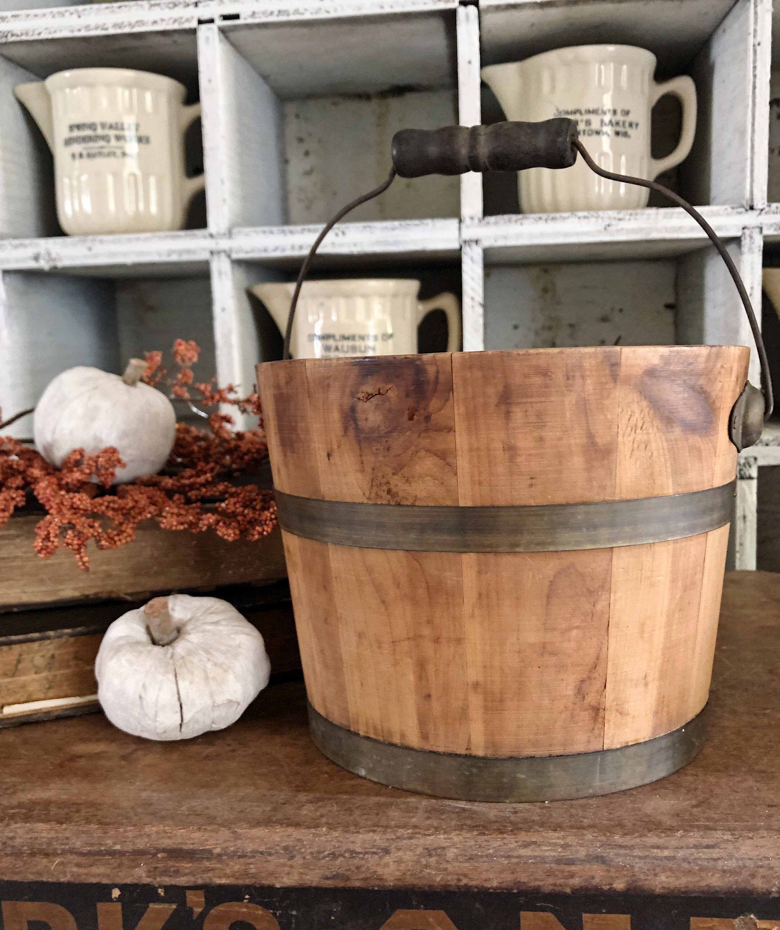 Antique Wood Bucket STAVE Barrel Bail Primitive Fall Farmhouse Decor