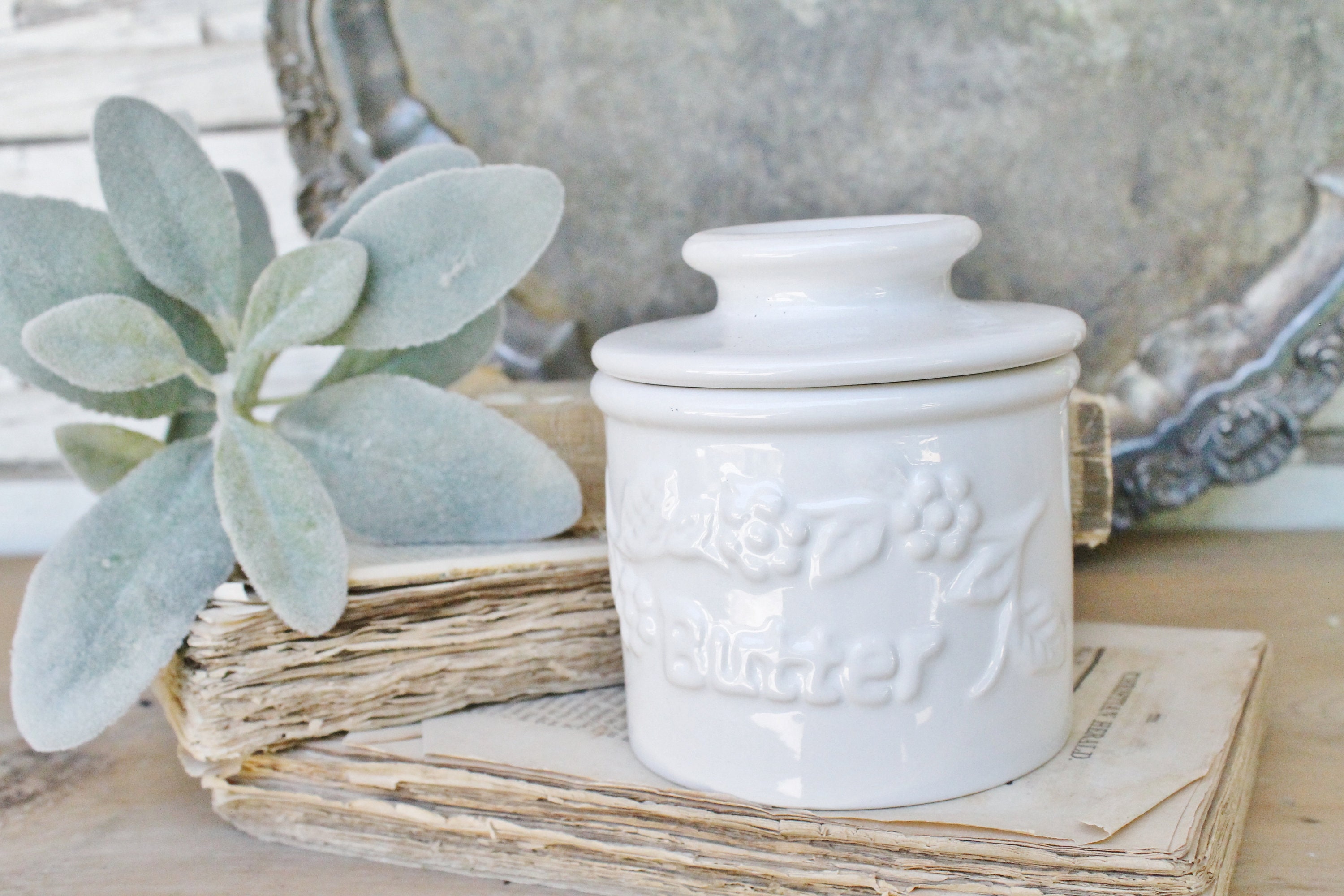 Vintage White Ironstone Butter Bell Jar Crock with Lid Restaurant Ware
