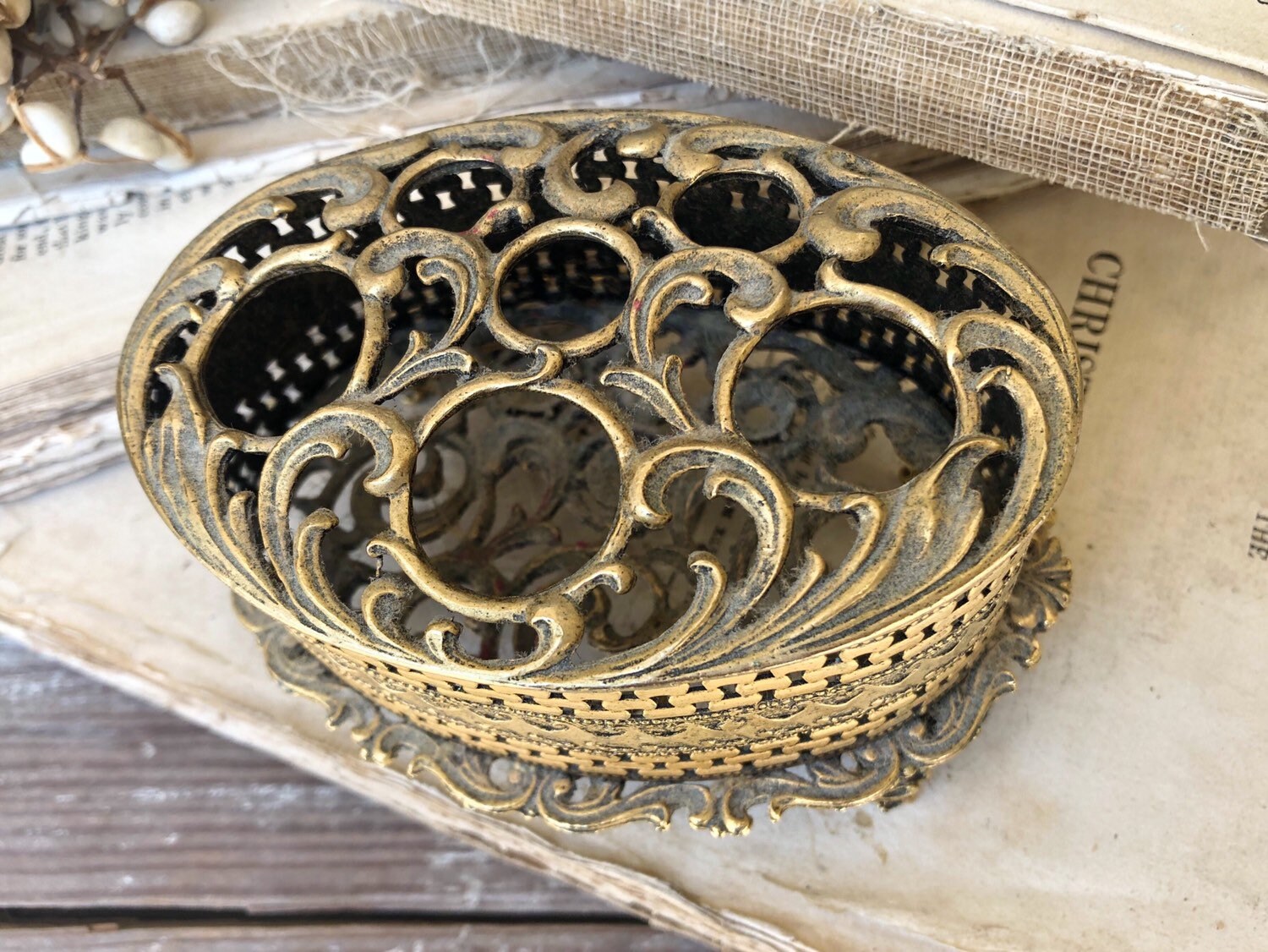 Antique Vintage Lipstick Holder Box Gold Filigree Brass Vanity Footed