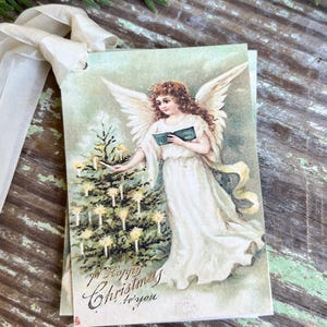 Árbol de velas de ángel, etiquetas de regalo de Feliz Navidad, decoración de granja vintage, tarjeta, papel de regalo estilo shabby francés, adorno para árbol de Navidad