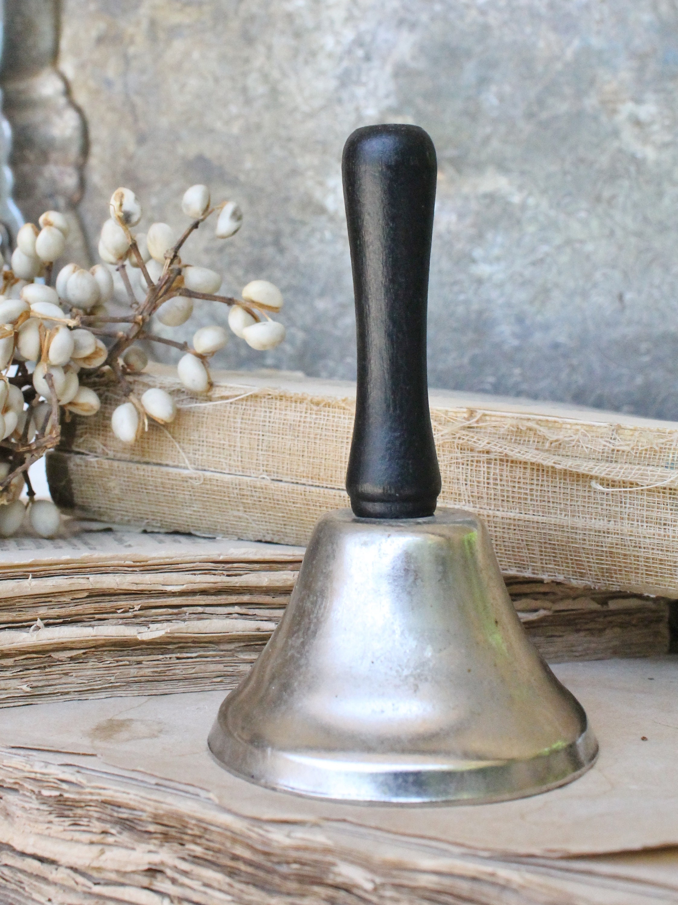 Vintage Bell Silver Serving Dinner Bell Metal Wood Service School Bell