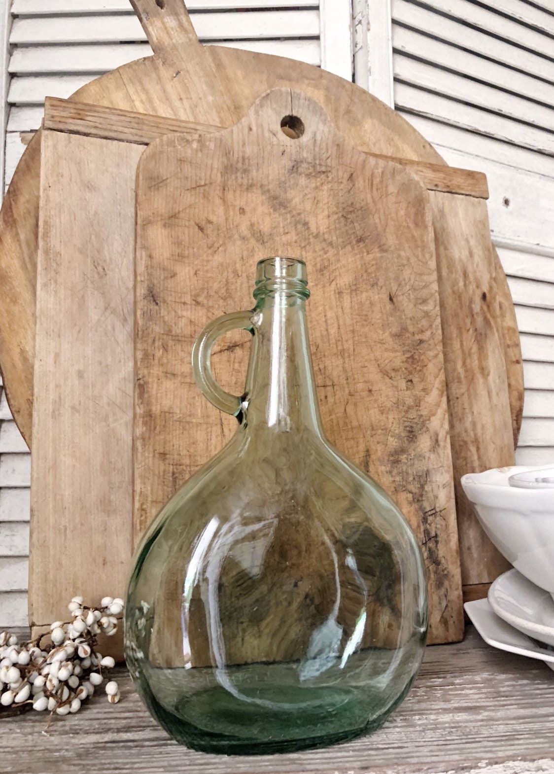 Antique Glass Demi John Bottle GREEN Farmhouse DECOR Jug