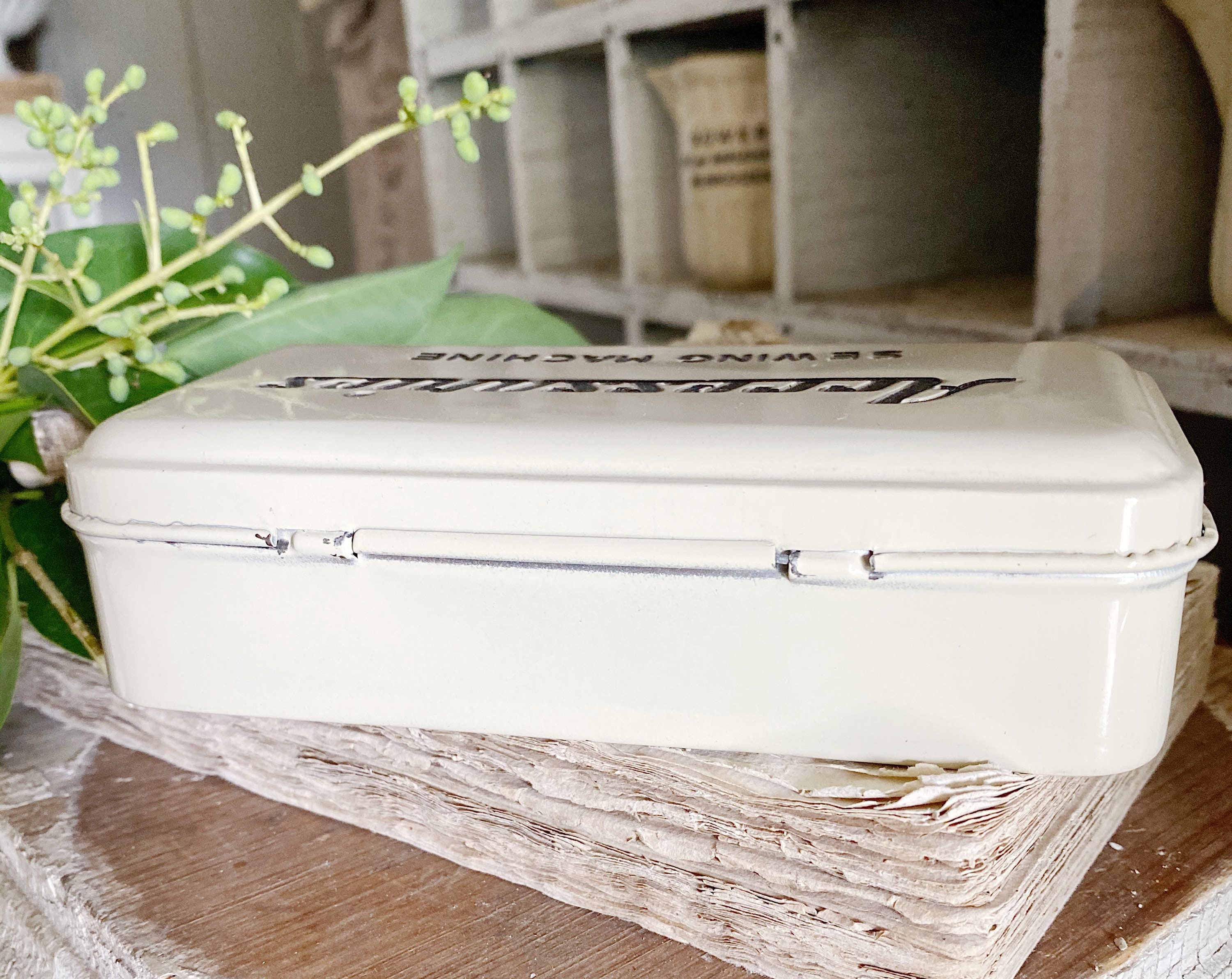 Vintage Metal ACCESSORIES Sewing Box Creamy White Black Farmhouse Decor Fixer Upper Decor Flea