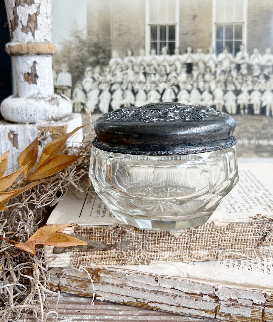 Antique Cut Glass Jar Silver Quadruple Engraved Lid Etsy
