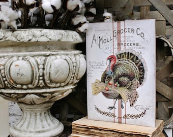 Op de afbeelding: Een vintage print met een kalkoen met een fruitmand, met de tekst "A Moll Grocer Co." en "Established 1858". De print ligt op een stapel oud papier, met een decoratieve witte urn en katoenstengels op de achtergrond.