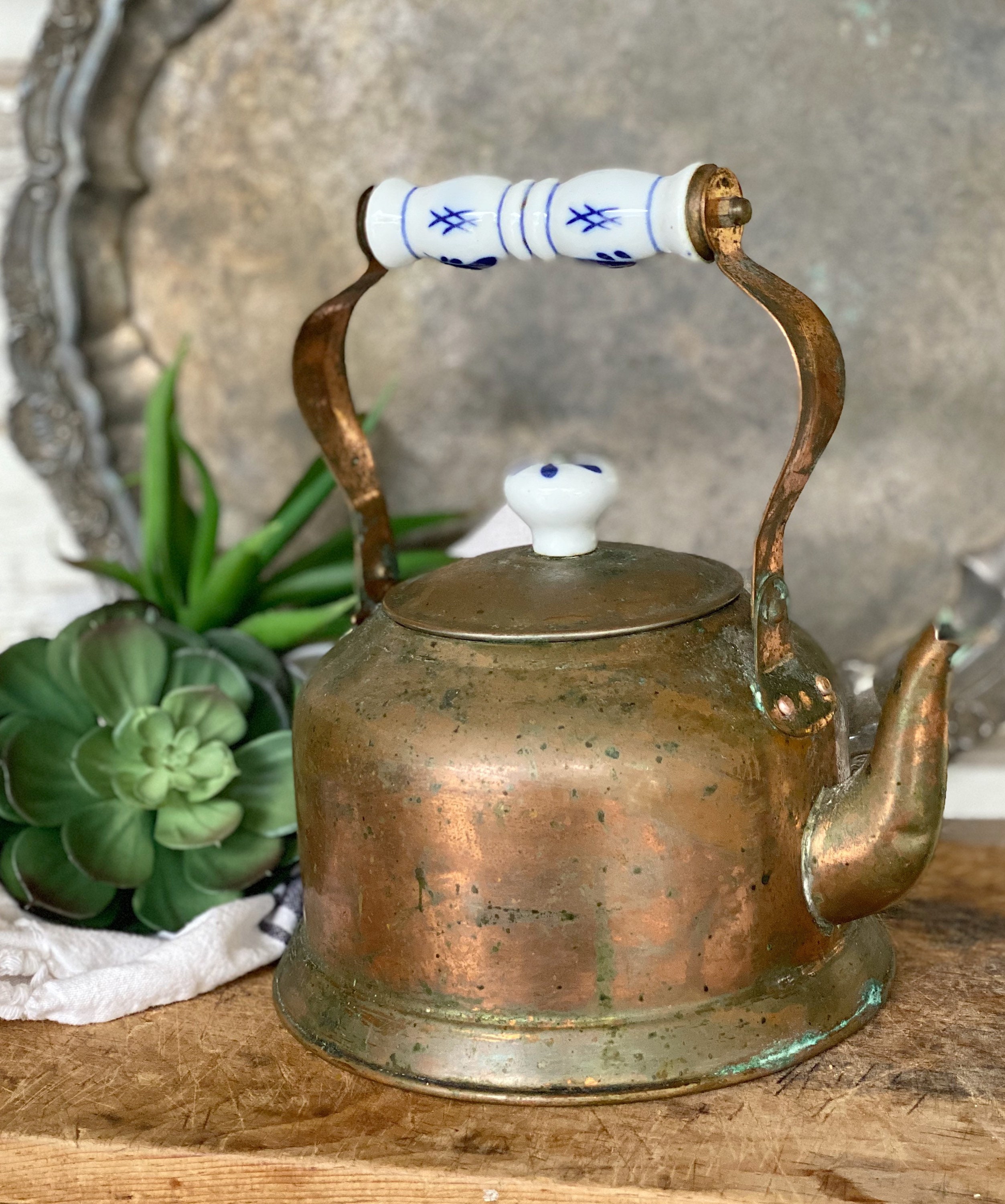 Vintage Copper Tea Pitcher Kettle Blue White Delft Handle French